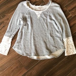 Gray Top with Lace Sleeve Accents